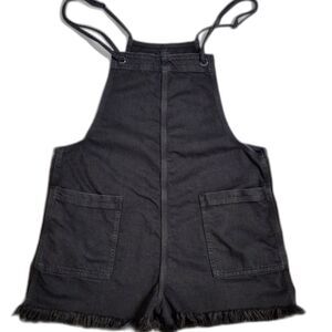 Aerie Overall Shorts Romper L Utility Shortalls Muted Black Denim Frayed Hem